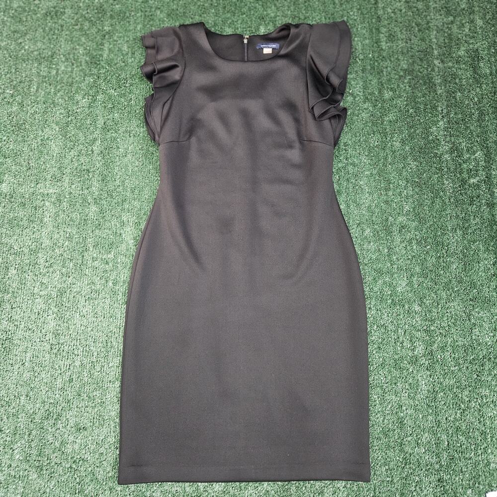 TOMMY HILFIGER Flutter Sleeve Sheath Dress Size 6 Black Scuba Crew Neck Ruffle